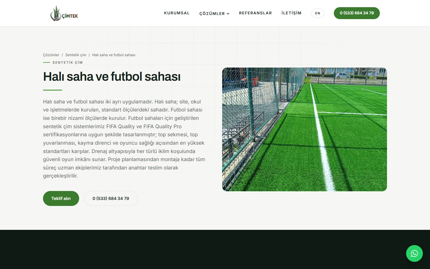 Ürün sayfası: halı saha ve futbol sahası.