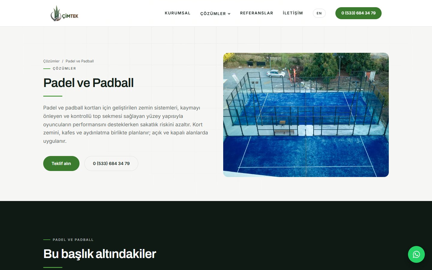 Çözüm grubu sayfası: padel ve padball kortları.